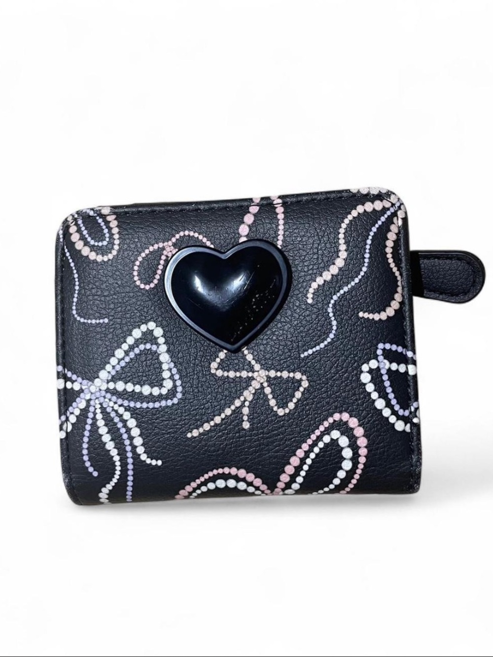 Betsey Johnson Black Bow-Print Women's Zip Wallet with Heart Accent